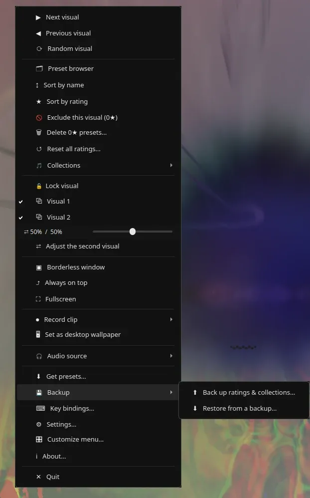 The Backup submenu with Back up ratings and collections, and Restore from a backup