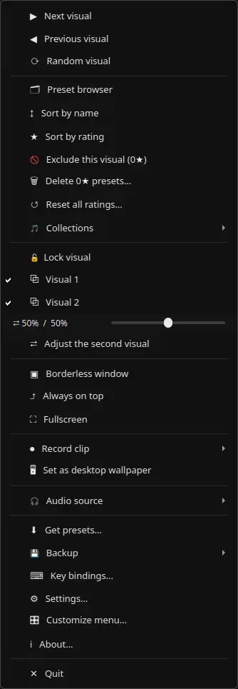 The right-click menu over a preset, listing everything from Next visual to the two visual switches, the crossfader under them, and Set as desktop wallpaper