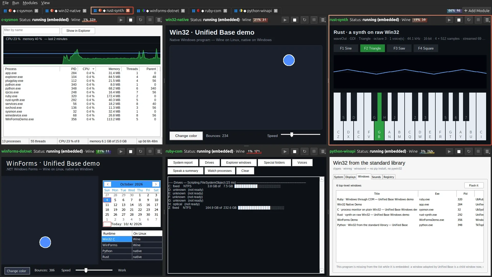 Six Windows-only programs running on Linux through Wine, every tab marked with the Windows logo