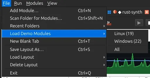 The File menu with Load Demo Modules open, offering Linux (19), Windows (22) or All