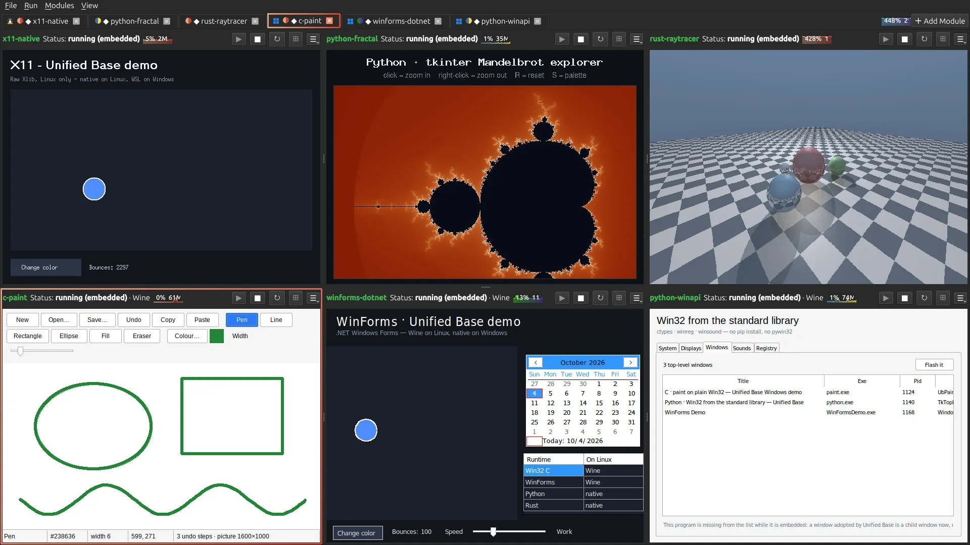 Unified Base on Linux running six programs in a grid: three Linux apps beside a paint program, a WinForms app and a Python tool that are Windows programs running through Wine, each Windows tab marked with the Windows logo