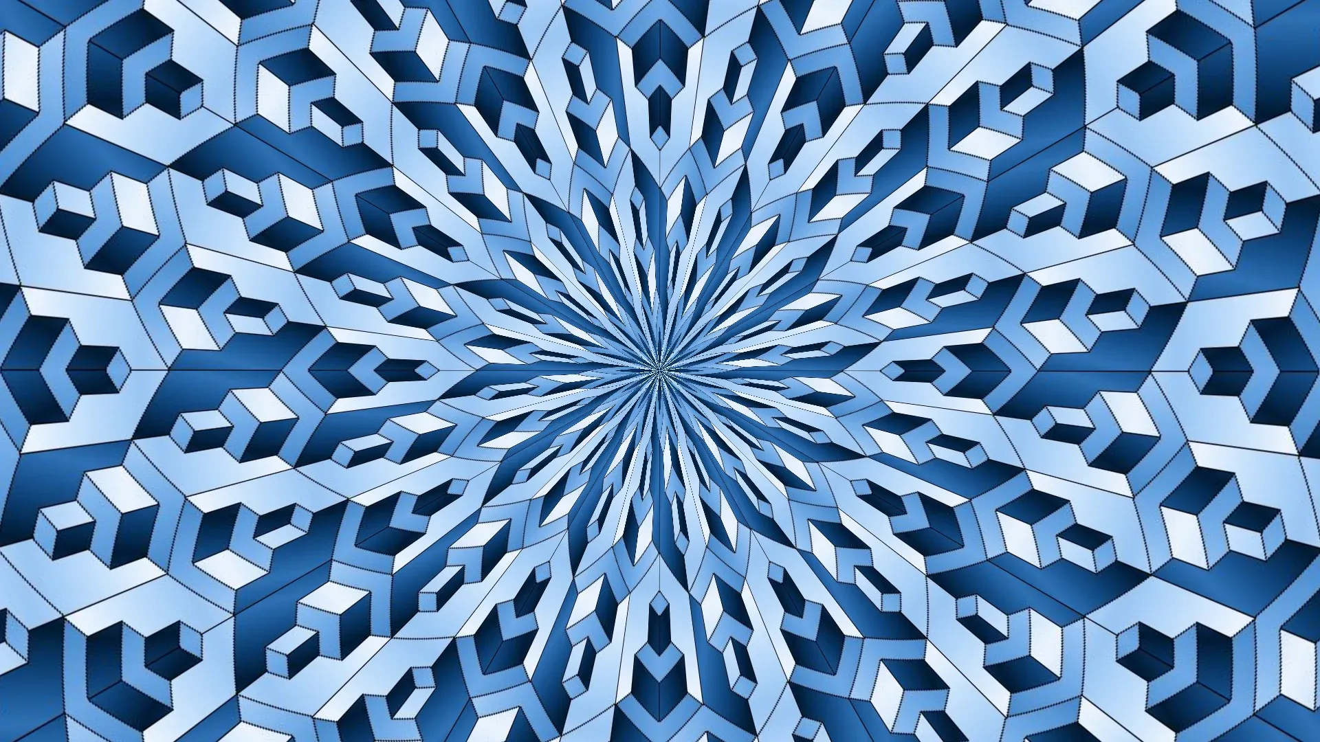 BomsAI Visualizer rendering a blue and white geometric preset that radiates from the centre of the frame