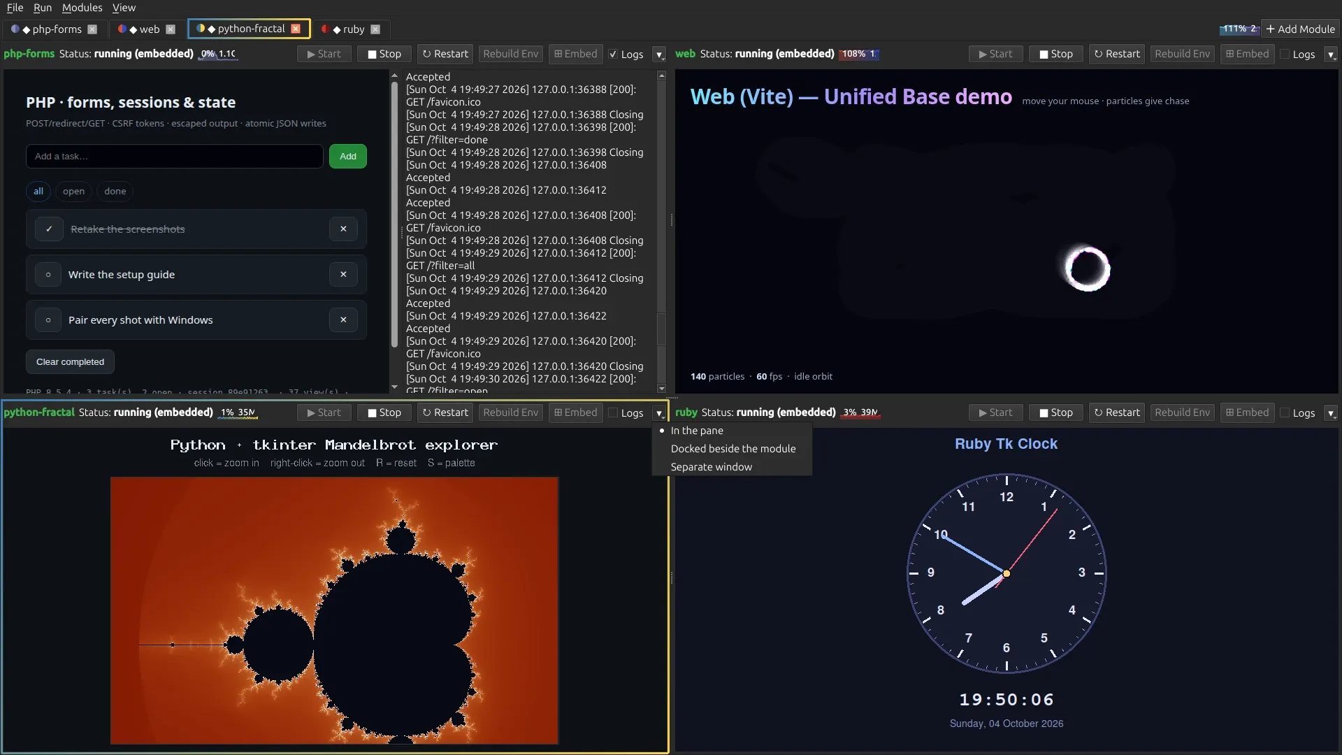 A PHP module with its dev server log docked beside it, and the log-mode menu open on the module below