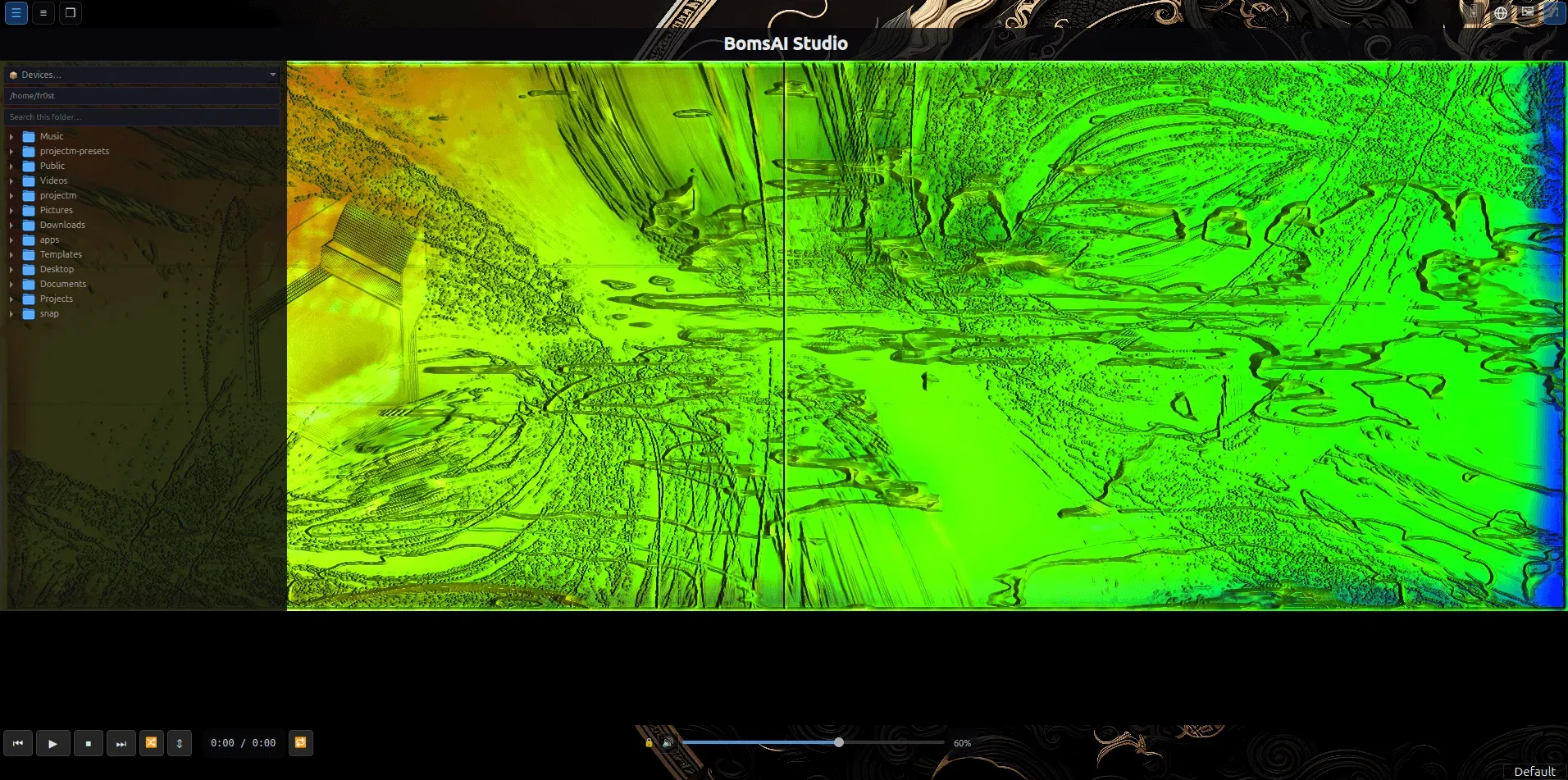 The player with the media browser panel open on the left