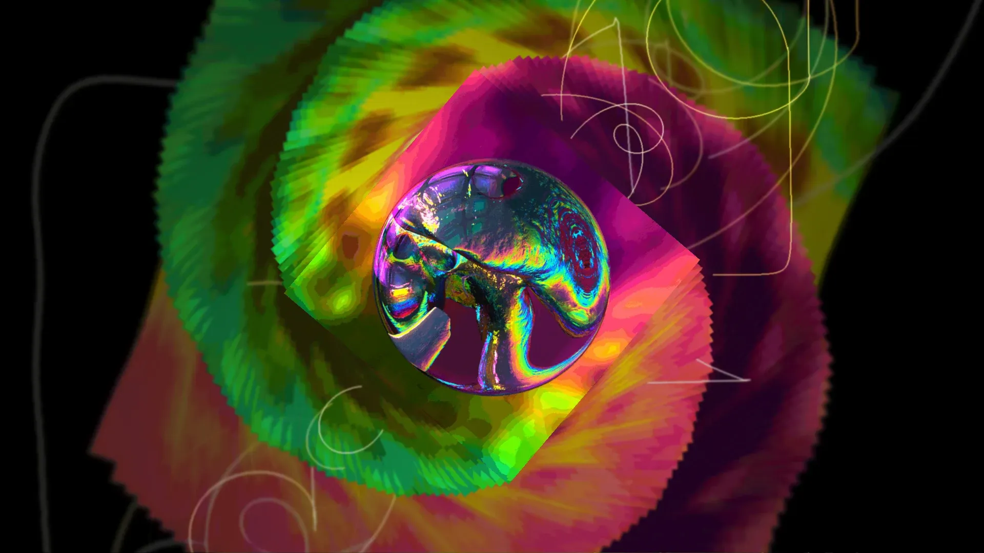 An animated iridescent sphere spinning over a vivid green and magenta preset