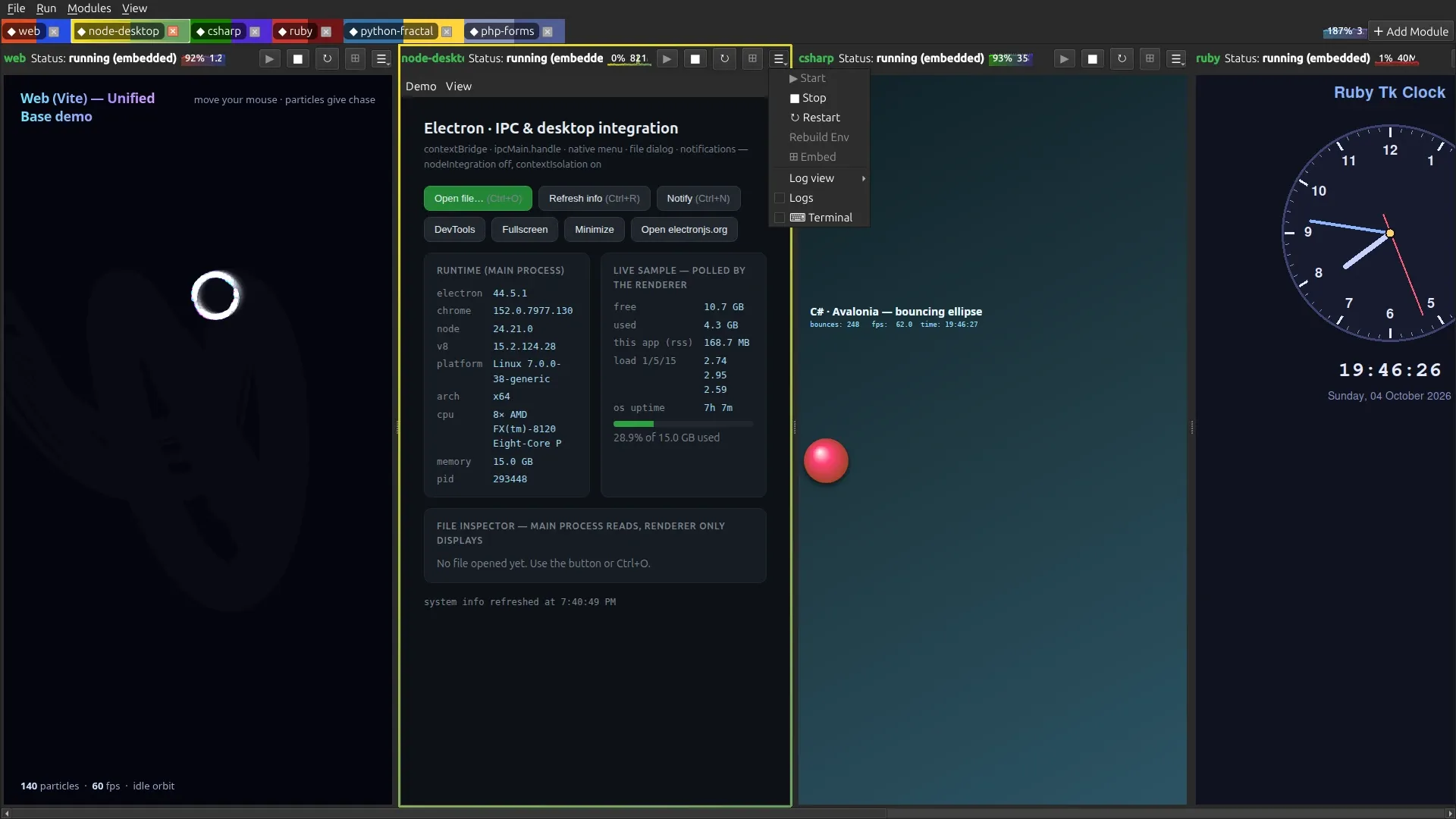 Modules in a single row that scrolls sideways, one narrow pane’s ☰ menu open