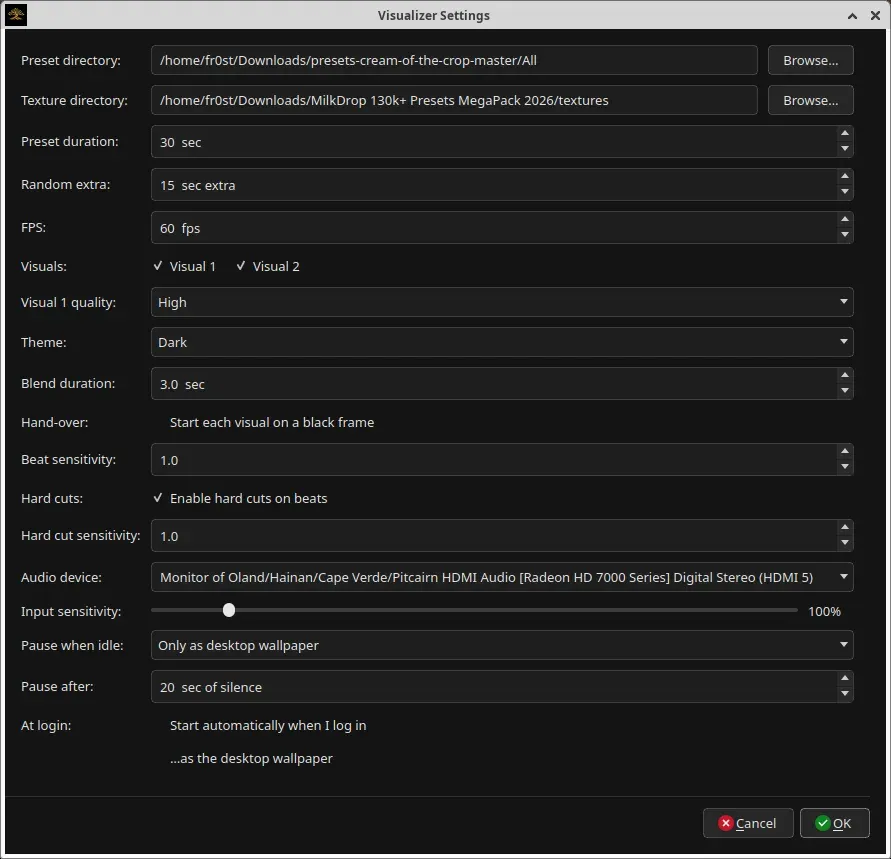 The settings dialog: preset and texture directory rows at the top, a tick for each of the two visuals, and a Quality row that follows whichever one is picked