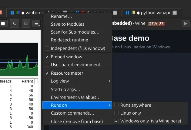 The right-click menu on a tab with Runs on open: Runs anywhere, Linux only, and Windows only (via Wine here) ticked