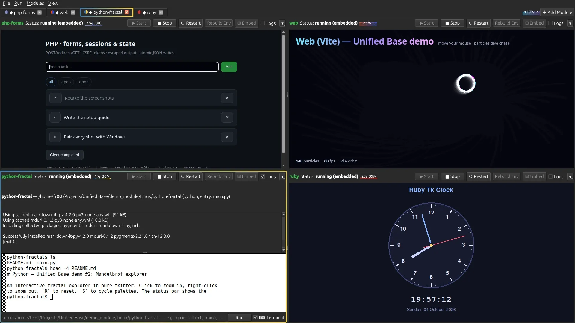 A Python module’s pane showing pip installing rich from the command bar, with a terminal open below it