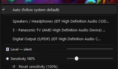 The same submenu on Windows listing speakers, an HDMI output and S/PDIF