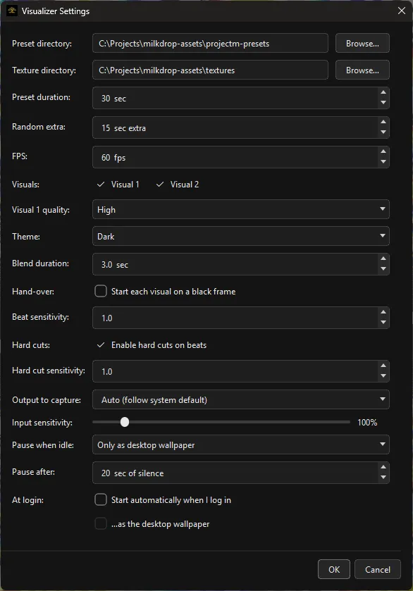 The same settings on Windows, with the wallpaper-at-login checkbox