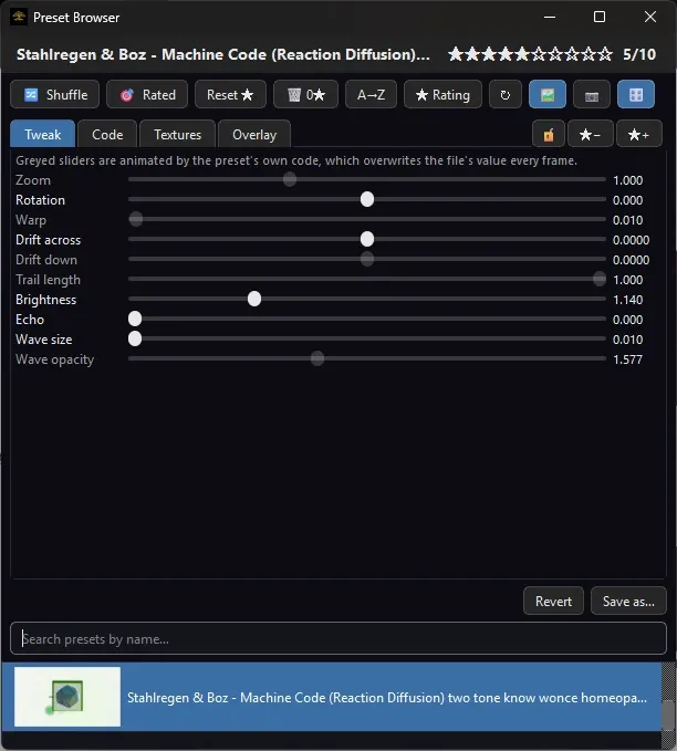 The same ten sliders on Windows, with the greyed ones the preset animates itself